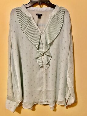 Ann Taylor Pale Mint Ruffle Front Glitter Blouse L
